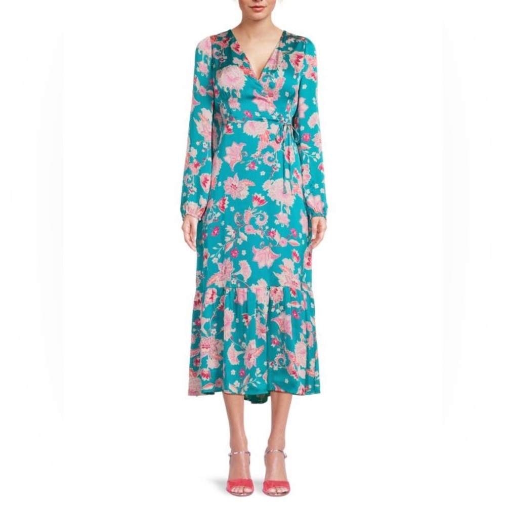 Kensie Teal and Pink Floral Faux Wrap Long Sleeve Midi Dress